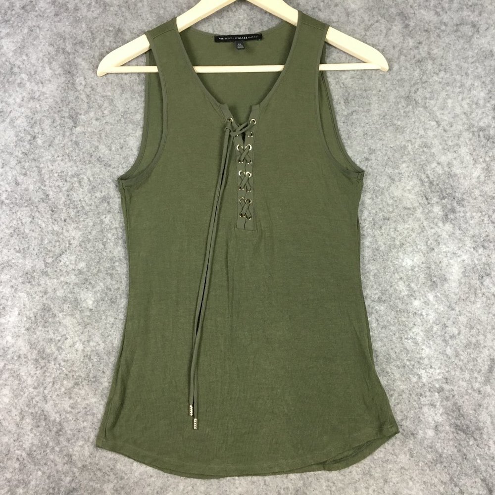 White House Black Market Tank Top XS Lace Up Scoop Neck Solid Olive Army Green